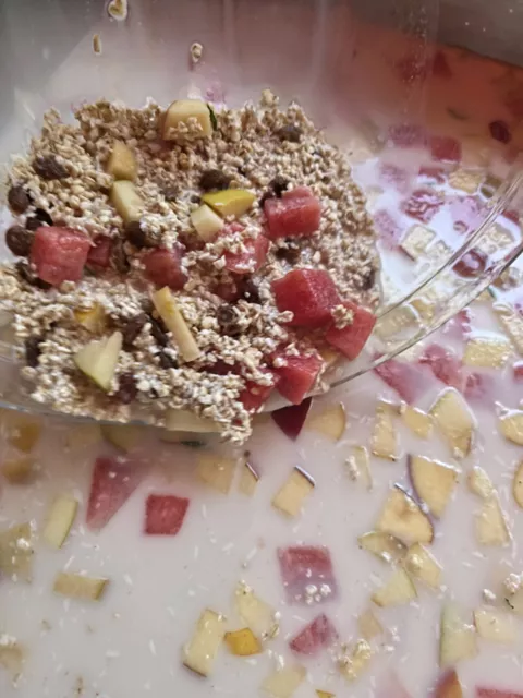 Bowl de civada crua hidratada amb coco i fulles de menta ?? amb fruita de temporada i passes + sal